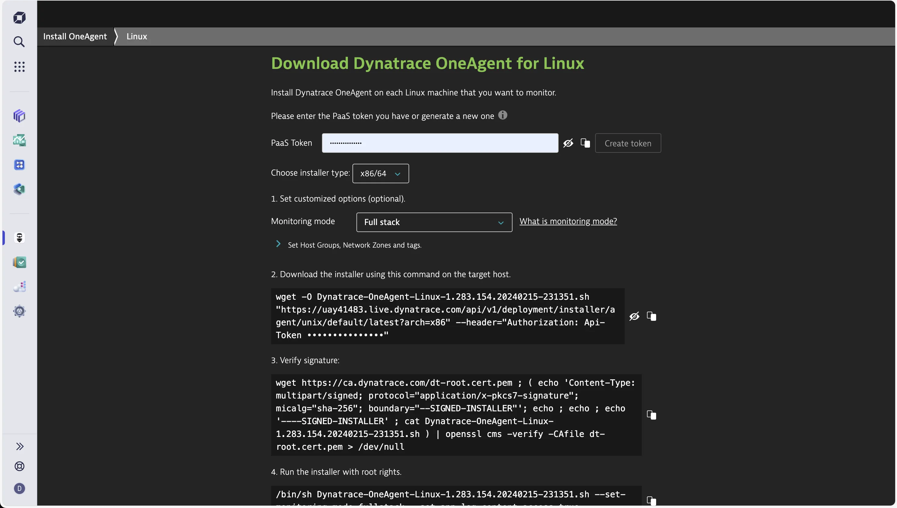 Dynatrace UI for installing OneAgent