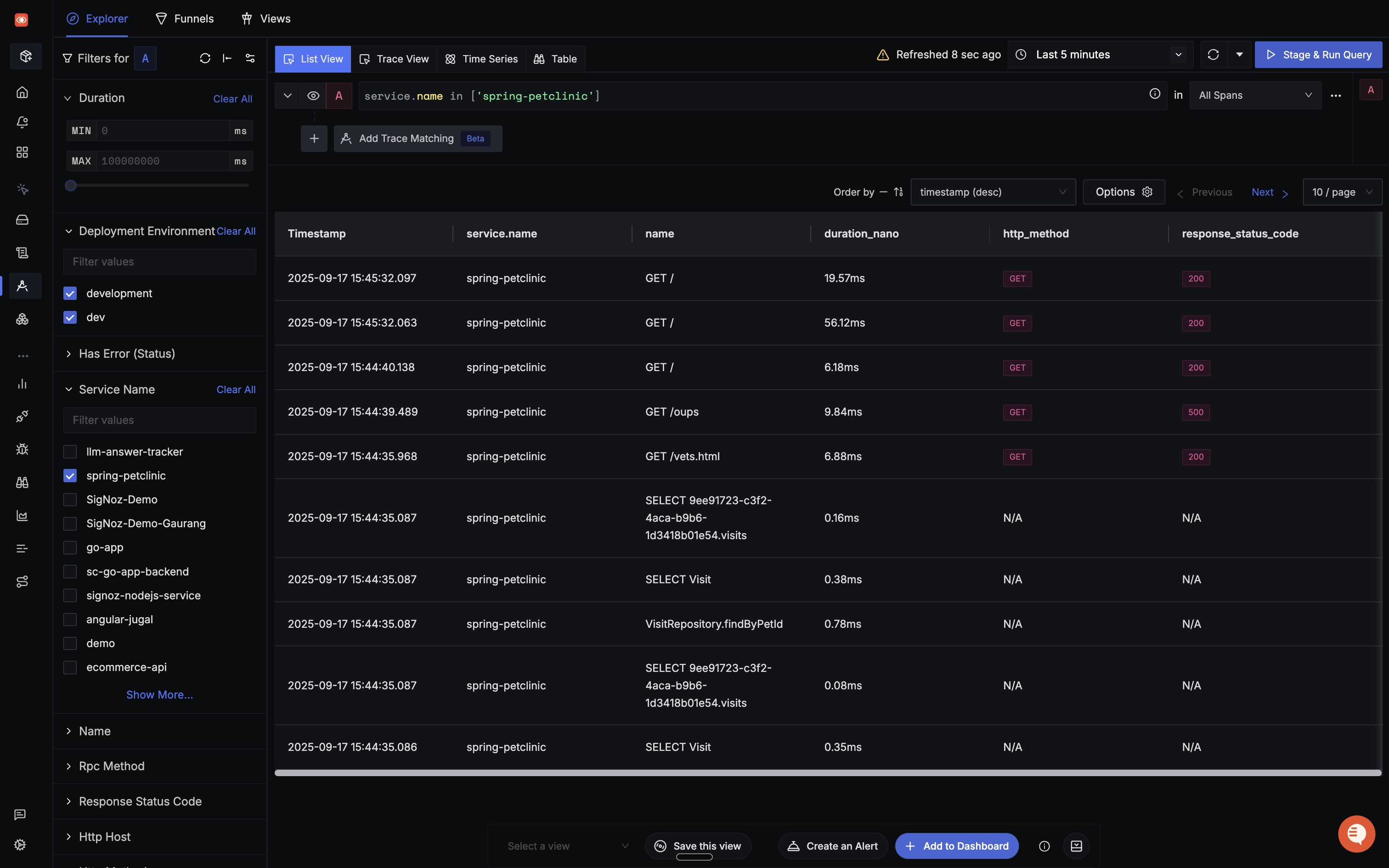Traces and spans as visualised in SigNoz