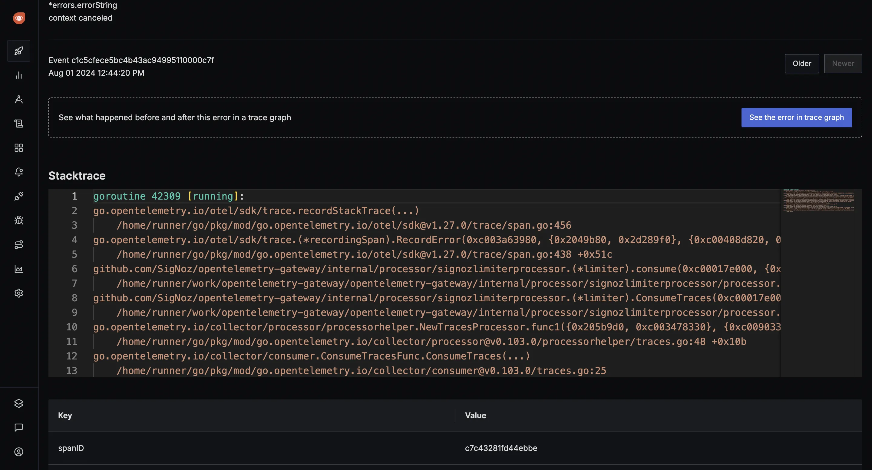 Exceptions overview showing grouped errors with counts and trends.