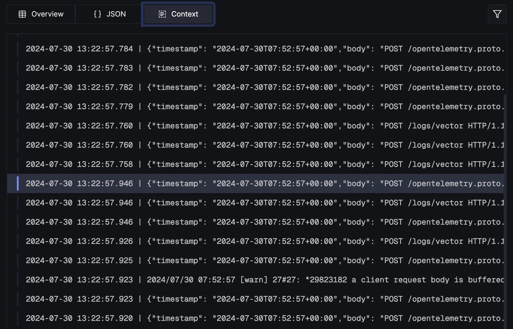 Log stream with filters and related trace context highlighted.
